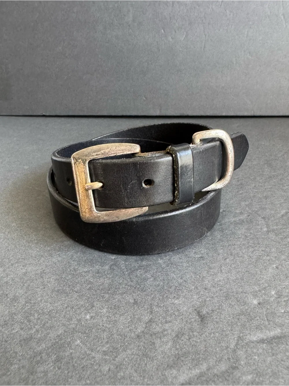Vintage Eddie Bauer Black Leather Belt Silver Distressed Unisex Womens Medium